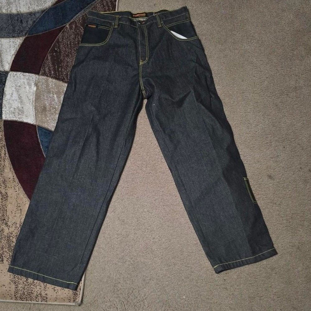 Brooklyn Xpress Wide Leg Raw Denim Skater Y2K Leather like Accents Mens SZ 38x34